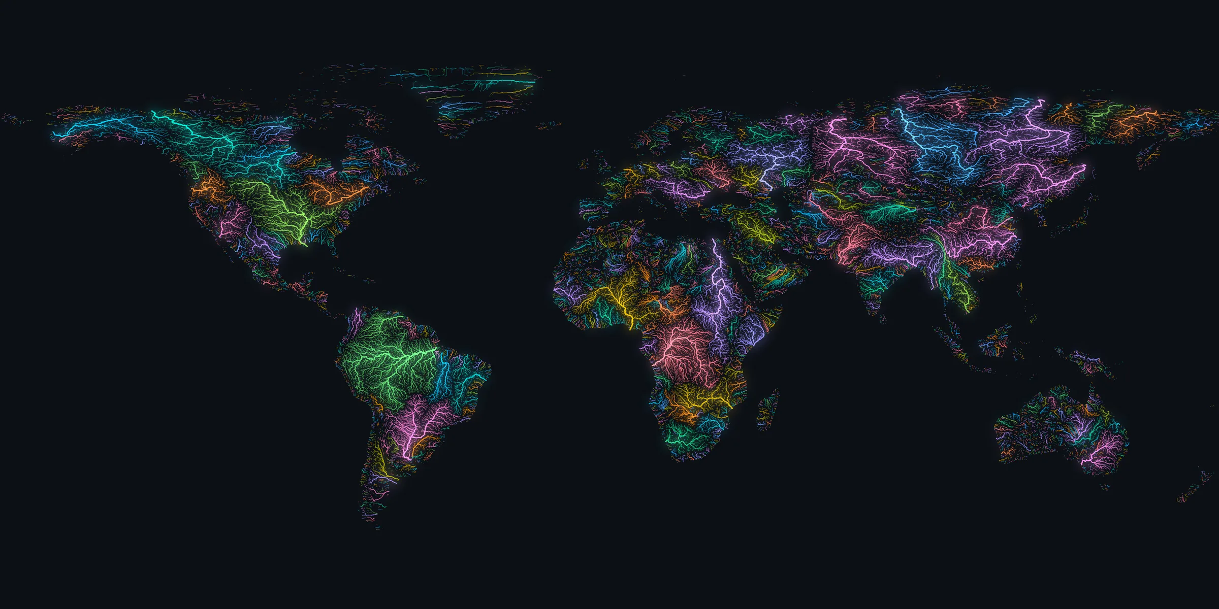 Every river in the world with a basin over 1,000 km², each basin in its own colour