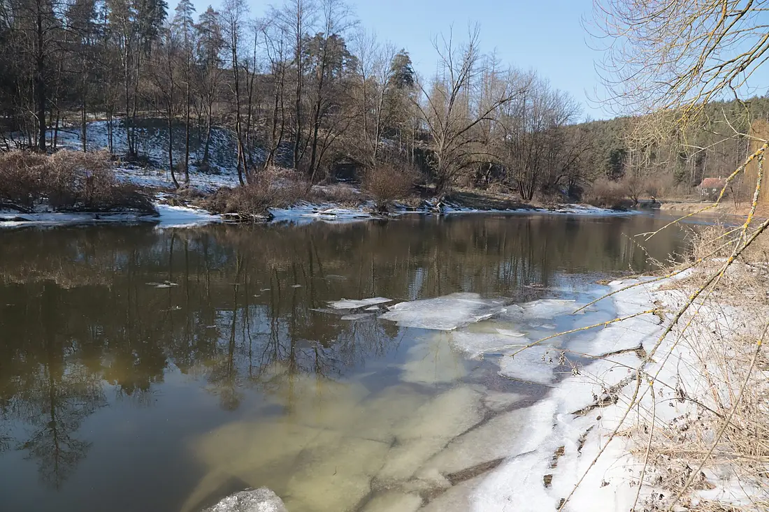 Overview of Jihlava river with ice blocks near Vladislav, Třebíč District
